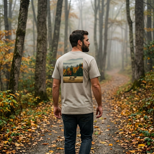 Misty Elk Heavyweight Pocket Tee — atmospheric elk photography lifestyle | Shutter & Wing