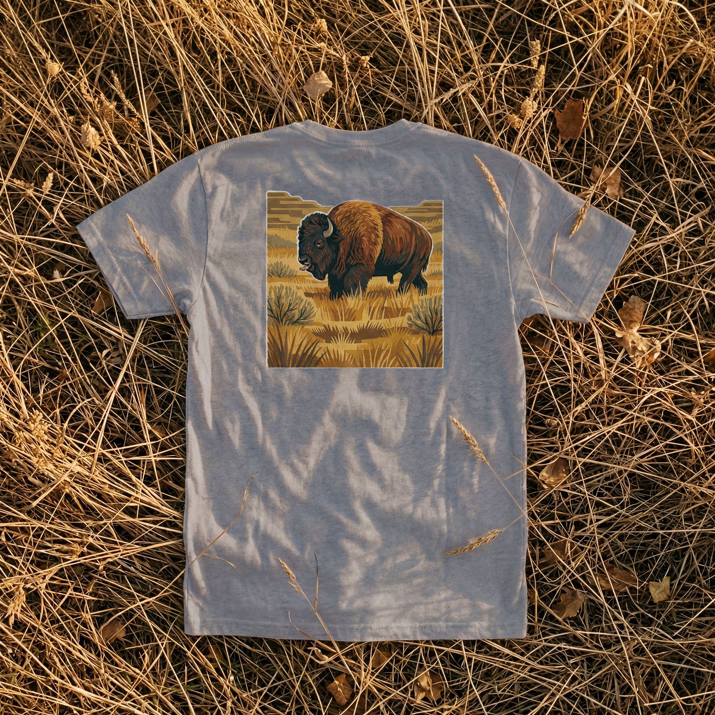 Bison Romp Heavyweight Pocket Tee in Granite — American bison wildlife art | Shutter & Wing