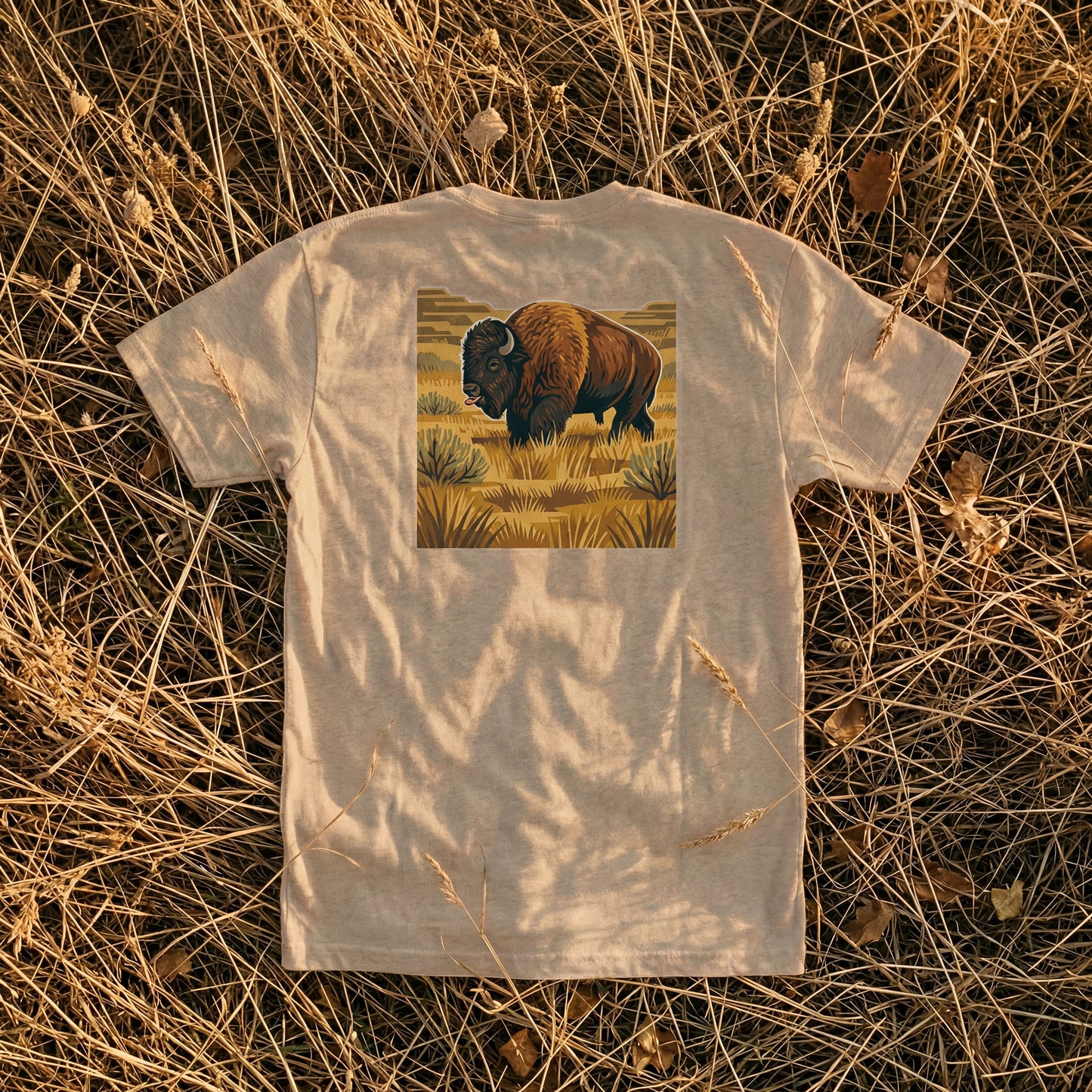 Bison Romp Heavyweight Pocket Tee in Sandstone — bison photography art | Shutter & Wing