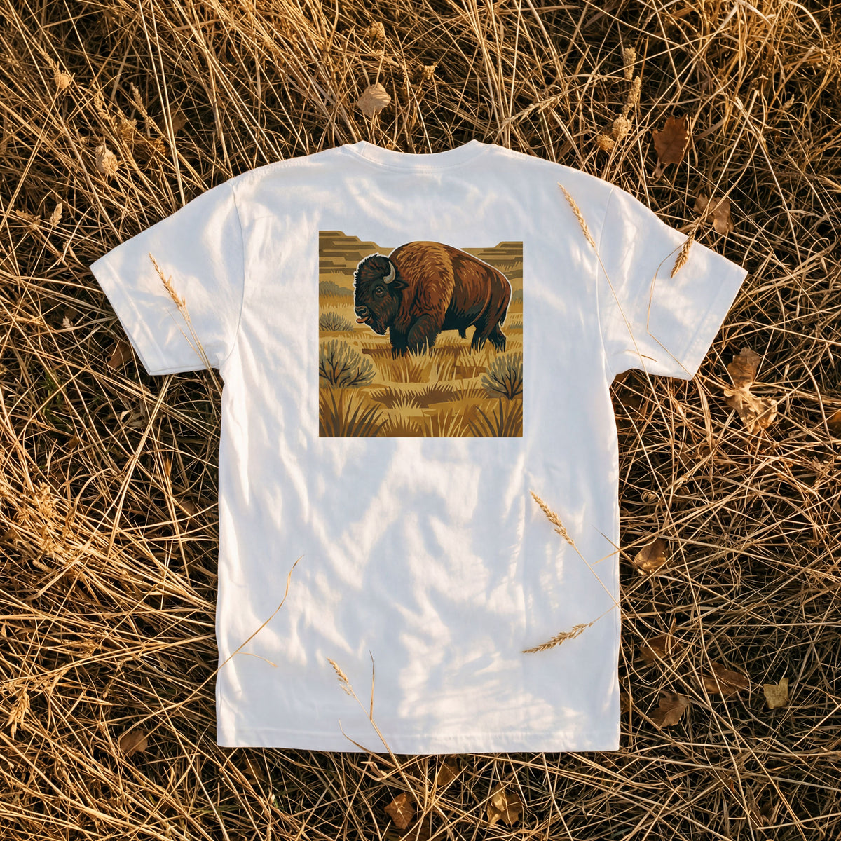 Bison Romp Heavyweight Pocket Tee in White — bison wildlife photography apparel | Shutter & Wing