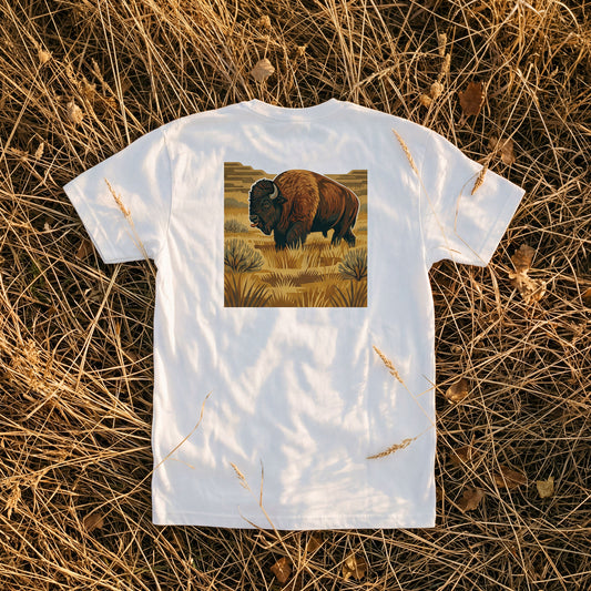 Bison Romp Heavyweight Pocket Tee in White — bison wildlife photography apparel | Shutter & Wing