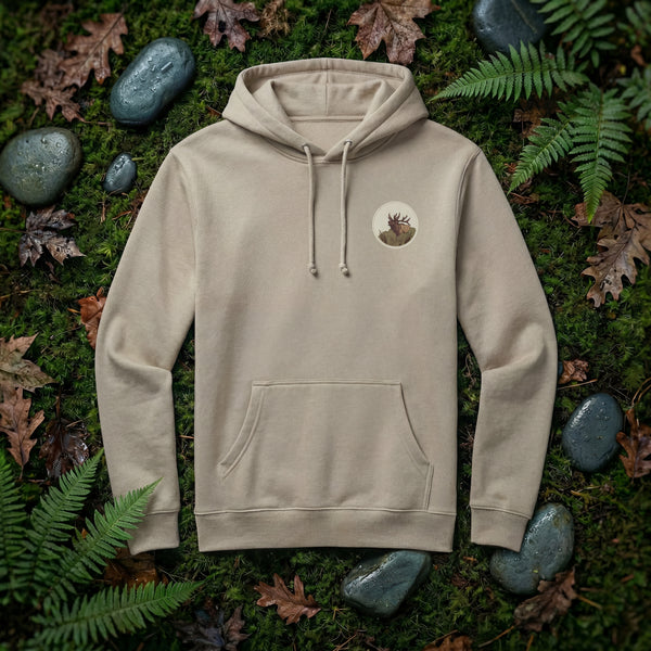 Elk Bugling Heavyweight Hoodie in Sand — bugling bull elk pullover hoodie | Shutter & Wing