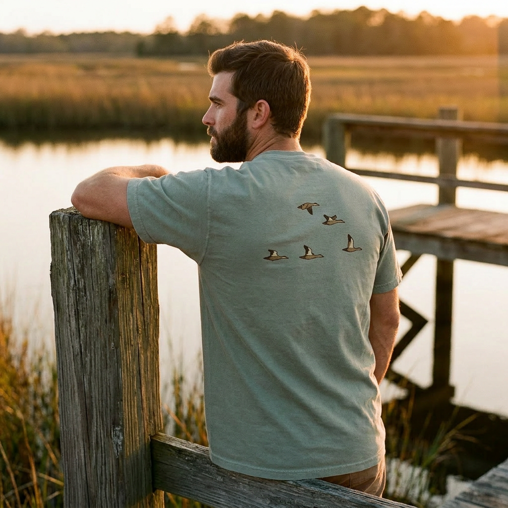 Mottled Duck Flight Pocket Tee lifestyle — duck wildlife photography tee | Shutter & Wing