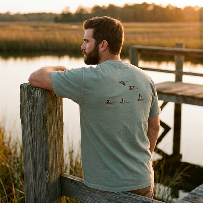Mottled Duck Flight Pocket Tee lifestyle — duck wildlife photography tee | Shutter & Wing