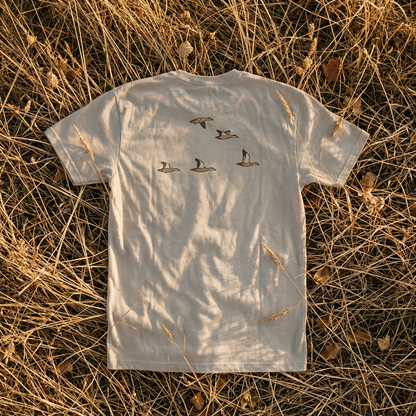 Mottled Duck Flight Pocket Tee in Bay — back panel waterfowl graphic | Shutter & Wing