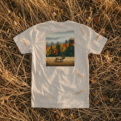 Misty Elk Heavyweight Pocket Tee in Sandstone — elk wildlife photography art | Shutter & Wing